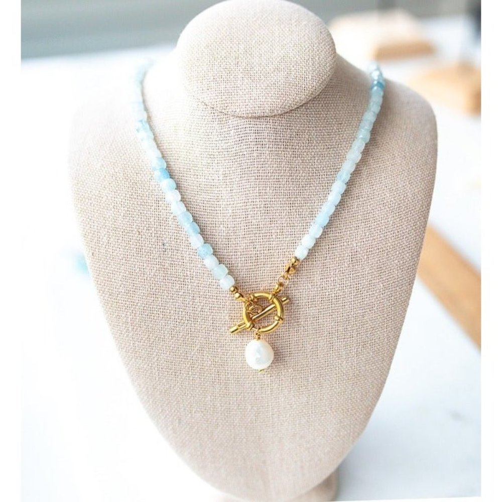 Light Blue Beaded Necklace with Gold Toggle and Pearl Charm